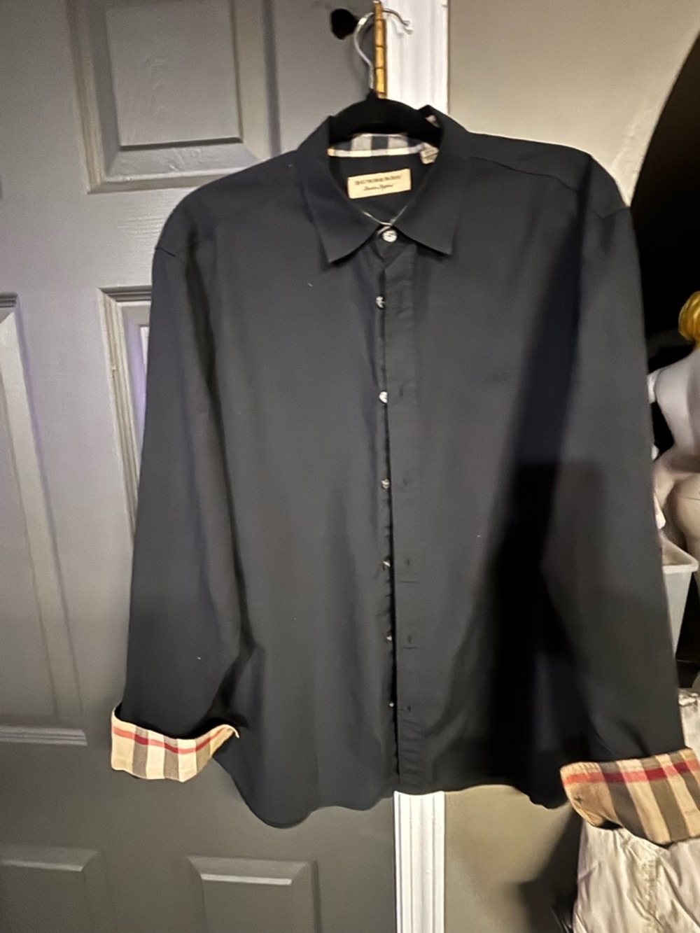 Burberry Black Button-Front Dress Shirt with Check Cuff Trim